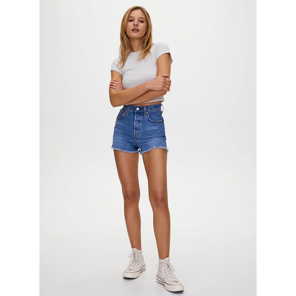 Levi's Premium Ribcage Shorts Blue Medium Wash Raw Hem Button Fly 27